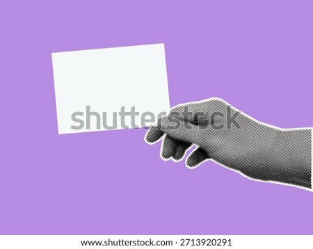 Blank card in hand. Template for displaying an announcement, message, or advertisement. A woman's hand holds a blank note. Modern collage art in halftone style. Vector illustration.