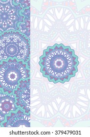 The blank of a card with mandalas pattern on background in violet colors