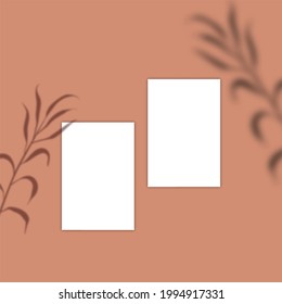Blank card mockup of paper template  ,leaves shadow on background. 