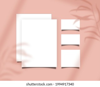 Blank card mockup of paper template  ,leaves shadow on background. 