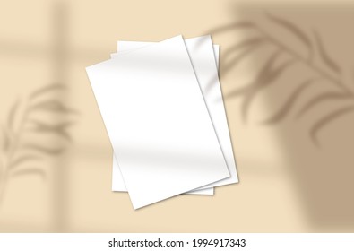 Blank card mockup of paper template  ,leaves shadow on background. 