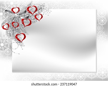 Blank card with silver ribbon and glass red hearts