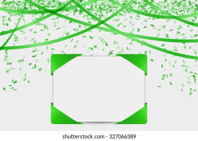 blank card with violet falling confetti and ribbons