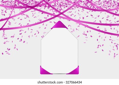 blank card with violet falling confetti and ribbons