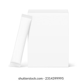 Blank cardboard box with stick bag mockup. Front view. Vector illustration isolated on white background. Can be use for food, medicine, cosmetic and etc. EPS10.	