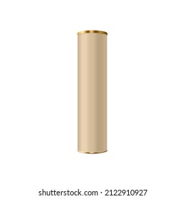 Blank cardboard cylinder tube box with gold lid template, 3D realistic vector illustration isolated on white background. Rounded box container mockup.