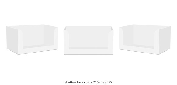 Blank Cardboard Display Boxes Mockups, Front And Side View, Isolated On White Background. Vector Illustration