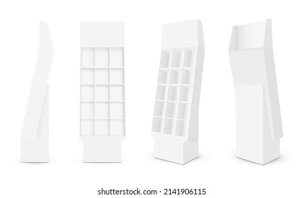 Blank Cardboard Display Racks, Isolated on White Background, Front, Side and Back View. Vector Illustration