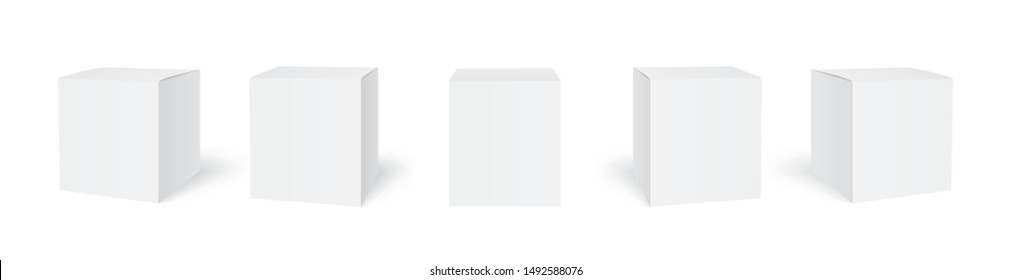 Blank cardboard package boxes mockup. Box set. Five templates, layout of boxes in different positions with a shadow for design or branding - stock vector.