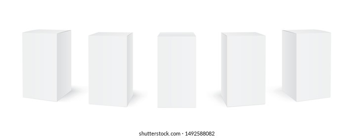 Blank cardboard package boxes mockup. Box set. Five templates, layout of boxes in different positions with a shadow for design or branding - stock vector.