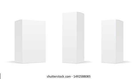 Blank cardboard package boxes mockup. Box set. Three templates, layout of boxes in different positions with a shadow for design or branding - stock vector.