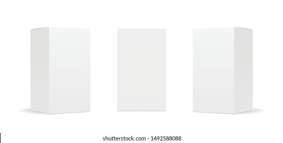 Blank cardboard package boxes mockup. Box set. Three templates, layout of boxes in different positions with a shadow for design or branding - stock vector.