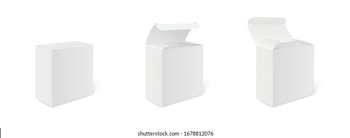 Blank cardboard package boxes mockup. Closed and open boxes. Box set. Three templates, layout of boxes in different positions with a shadow for design or branding - stock vector.
