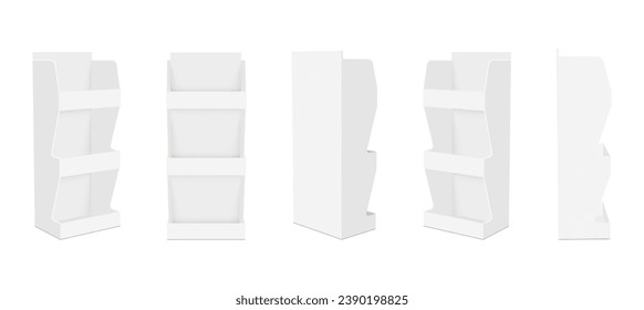 Blank Cardboard POS Display Stand Mockup With Shelves, Front, Side, Back View, Isolated on White Background. Vector Illustration