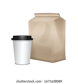 Blank cardboard take away lunch package with a cup of coffee. Packaging for sandwich, food, other products. For your design