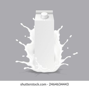 Paquete de cartón en blanco con Ilustración vectorial realista de leche salpicada. Embalaje de maqueta para productos lácteos objetos 3d sobre fondo blanco