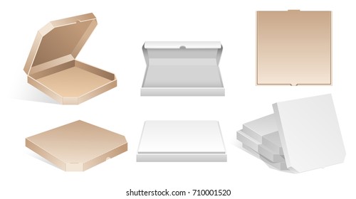 Blank carton pizza boxes - modern vector isolated clip art on white background. Six open and close blank cardboard realistic containers to take away. Empty packaging isometric template