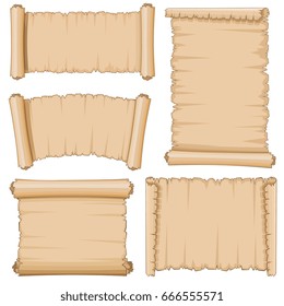 Blank cartoon old scrolls of papyrus paper vector set. Blank papyrus sheet, illustration of ancient parchment