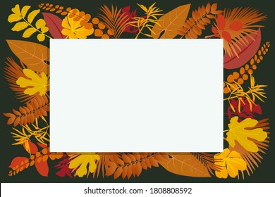 Blank cartridge in white color, surrounded by different types of autumnal leaves, to serve as a background for an environment-themed presentation.