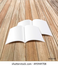 Blank catalog, magazines,book mock up on wood background. Vector illustration.