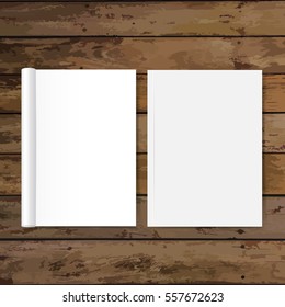 Blank catalog, magazines,book mock up on wood background. Vector illustration.