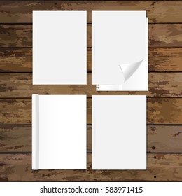 Catálogo en blanco, revistas, libro burlándose de fondo de madera. Ilustración vectorial.