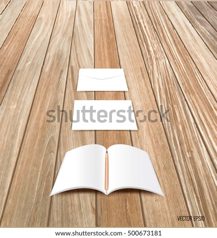 Blank catalog, magazines,book mock up on wood background. Vector illustration.