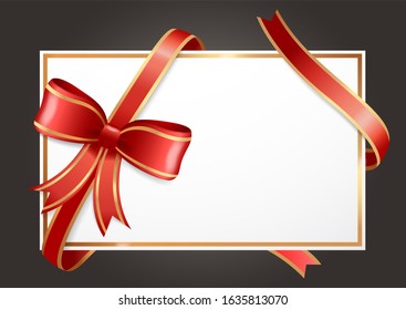 Blank certificate or banner with ribbon decoration. Elegant design of gift card or present mockup. Coupon with copy space. Celebration and greeting empty voucher. Vector in flat style illustration