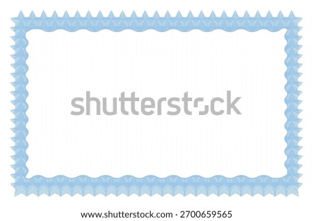 Blank certificate border. Light blue decorative frame with guilloche pattern and white empty space for text. Horizontal paper format.