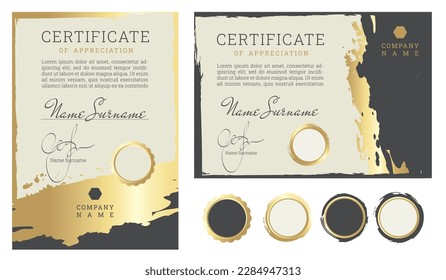 Blank for certificate or diploma with golden brush strokes. Vector illustration, set of backgrounds with gold strokes.	
