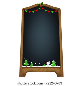 Blank chalk board wood frame cute little  snowman , snow , pine trees Christmas ,triangle flag decorations. isolated on transparent background.  