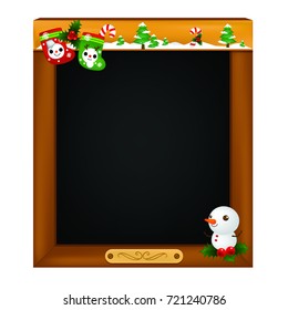 Blank chalk board wood frame cute little  snowman , snow , pine trees , Christmas socks , candy ,decorations. isolated on transparent background.  