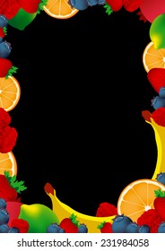 Blank Chalkboard with Fruits. Vector and Illustration design for restaurant menu, template for cooking or web design. frame made of fruit. 