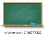 Blank chalkboard in school classroom realistic vector illustration. Green mockup board with chalk and sponge 3d object on white background