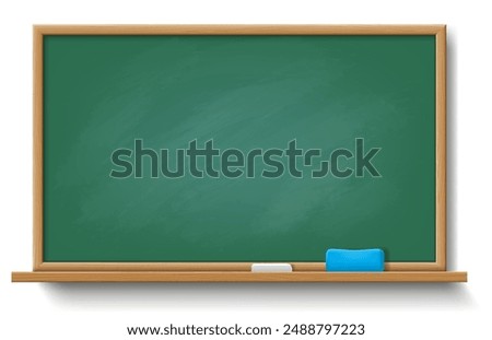 Blank chalkboard in school classroom realistic vector illustration. Green mockup board with chalk and sponge 3d object on white background