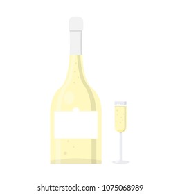Blank champagne bottle and glass with fizz alcohol drink.