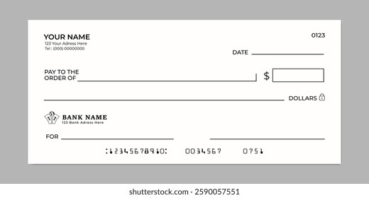 Blank check, bank cheque design, vector mockup. Money payment bank check voucher or pay cash cheque certificate, account bill paycheck.