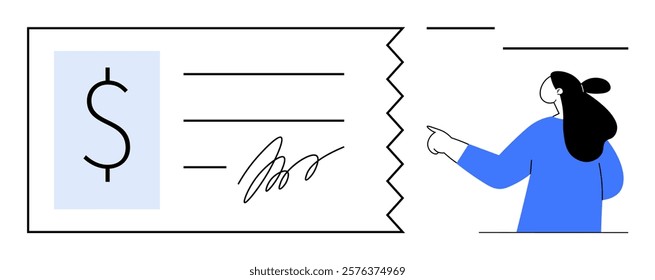 Blank check with dollar sign and signature. Person in blue sweater pointing at check. Ideal for banking, finance, payments, money transactions, and financial education. Simple design style