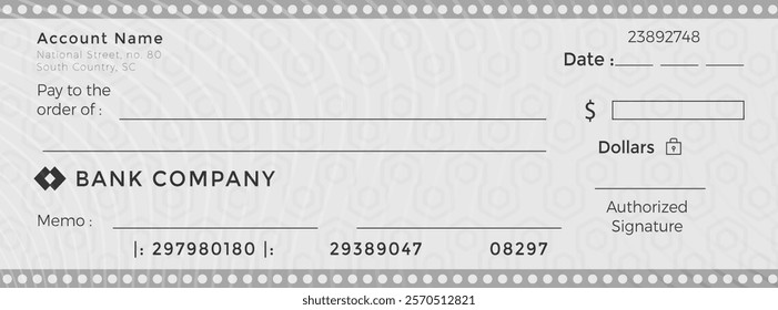 Blank check with false numbers Currency payment coupon, money check background