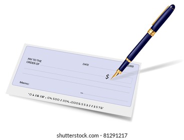 Blank Check And Pen. Vector Illustration.