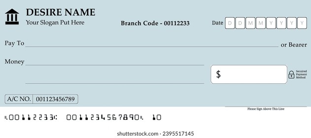 Un Checkbook en blanco con fondo azul y gris, una página de cheques bancarios con información falsa
