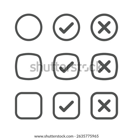 Blank checkbox, green check or cross isolated white background vector symbol for right and wrong choices. Todo list, Choice list. Checkmark icon set. Checkmark right symbol tick sign.
