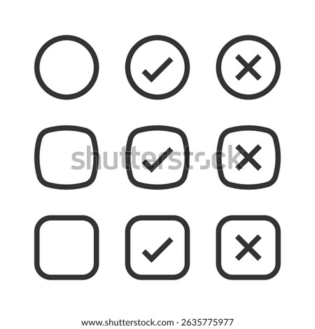 Blank checkbox, green check or cross isolated white background vector symbol for right and wrong choices. Todo list, Choice list. Checkmark icon set. Checkmark right symbol tick sign.