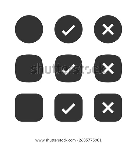 Blank checkbox, green check or cross isolated white background vector symbol for right and wrong choices. Todo list, Choice list. Checkmark icon set. Checkmark right symbol tick sign.