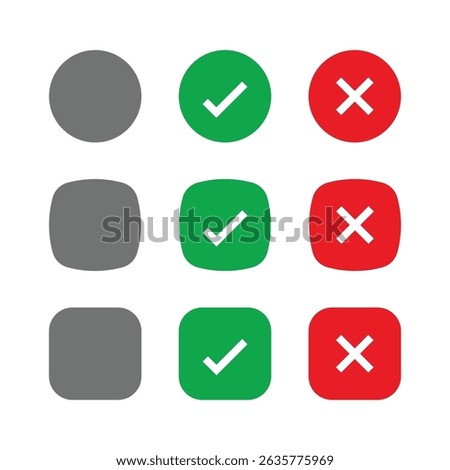 Blank checkbox, with green check or red cross isolated white background vector symbol for right and wrong choices. Todo list, Choice list. Checkmark icon set. Checkmark right symbol tick sign.