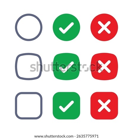 Blank checkbox, with green check or red cross isolated white background vector symbol for right and wrong choices. Todo list, Choice list. Checkmark icon set. Checkmark right symbol tick sign.