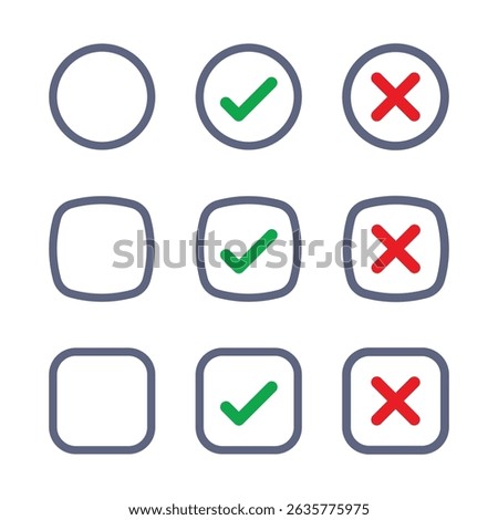 Blank checkbox, with green check or red cross isolated white background vector symbol for right and wrong choices. Todo list, Choice list. Checkmark icon set. Checkmark right symbol tick sign.