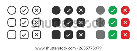 Blank checkbox, with green check or red cross isolated white background vector symbol for right and wrong choices. Todo list, Choice list. Checkmark icon set. Checkmark right symbol tick sign.