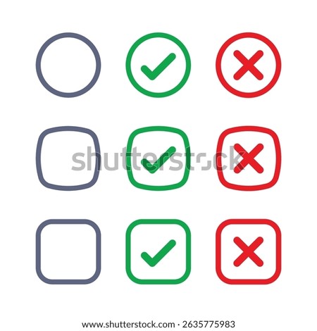 Blank checkbox, with green check or red cross isolated white background vector symbol for right and wrong choices. Todo list, Choice list. Checkmark icon set. Checkmark right symbol tick sign.