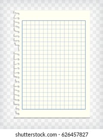 Blank checkered note book page with torn edge. Notepaper mockup. Graphic design element for text, advertisement, math, doodle, sketch, scrapbooking. Checkers paper piece. Realistic vector illustration